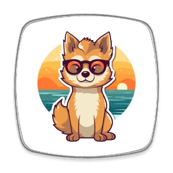 Wolf Funny Cartoon Kawaii Beach Illustration - Square fridge magnet - white - Front