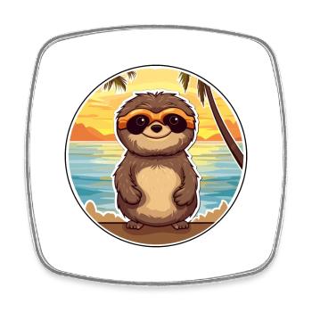 Sloth Funny Cartoon Kawaii Beach Illustration - Square fridge magnet - white - Front