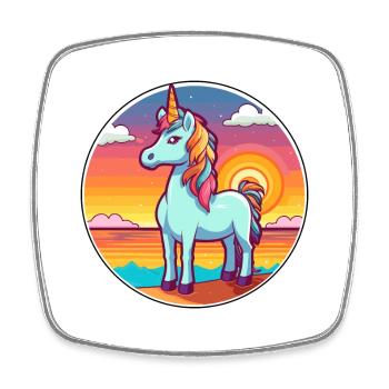 Unicorn Funny Cartoon Kawaii Beach Illustration - Square fridge magnet - white - Front