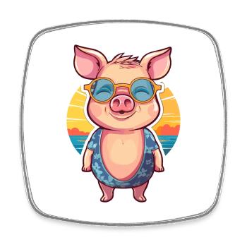 Cochon drôle dessin animé Kawaii plage Illustration - Magnet carré - blanc - Devant