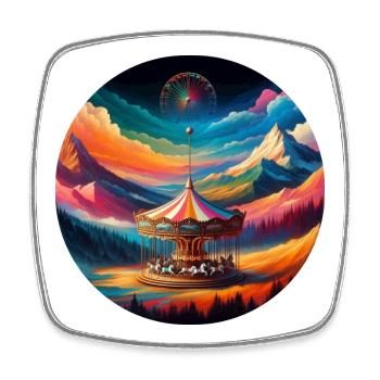 Colorful mountain landscape with carousel horses - Square fridge magnet - white - Front