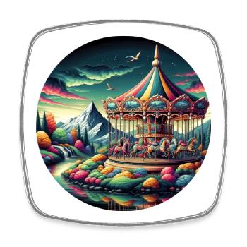 Fantasy world with mountains, carousel and horses - Square fridge magnet - white - Front