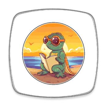 Chameleon Cute Funny Cartoon Kawaii Book Beach - Square fridge magnet - white - Front
