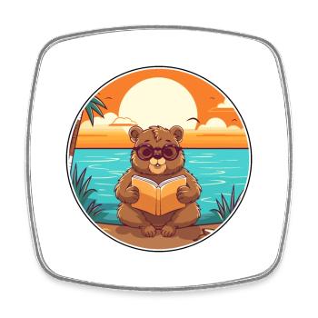 Beaver Cute Funny Cartoon Kawaii Book Beach - Square fridge magnet - white - Front