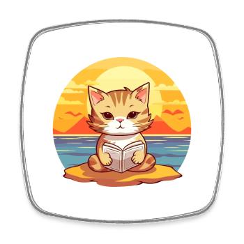 Cat Cute Funny Cartoon Kawaii Book Beach - Square fridge magnet - white - Front