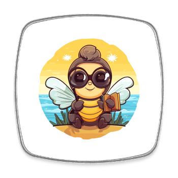 Bee Cute Funny Cartoon Kawaii Book Beach - Square fridge magnet - white - Front