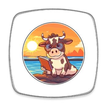 Vache Mignon Drôle Dessin Animé Kawaii Livre Plage - Magnet carré - blanc - Devant