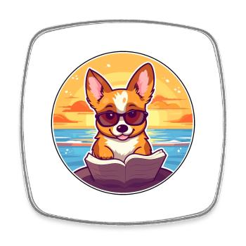 Corgi Chien Mignon Drôle Dessin Animé Kawaii Livre Plage - Magnet carré - blanc - Devant