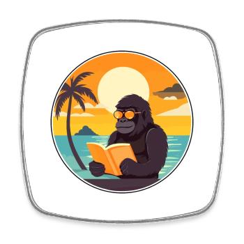 Gorilla Cute Funny Cartoon Kawaii Book Beach - Square fridge magnet - white - Front
