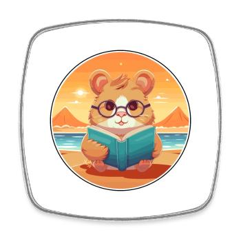 Hamster Cute Funny Cartoon Kawaii Book Beach - Square fridge magnet - white - Front