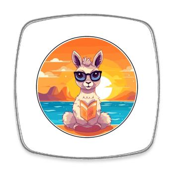 Llama Cute Funny Cartoon Kawaii Book Beach - Square fridge magnet - white - Front
