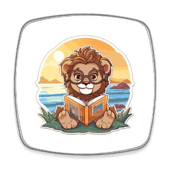 Löwe Niedliche Lustige Karikatur Kawaii Buch Strand - Viereckiger Kühlschrankmagnet - Weiß - Vorne