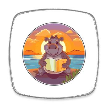 Hippo Cute Funny Cartoon Kawaii Book Beach - Square fridge magnet - white - Front
