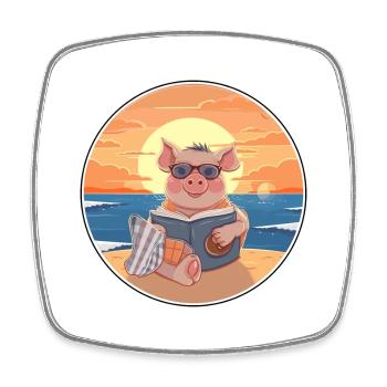 Cochon Mignon Drôle Dessin Animé Kawaii Livre Plage - Magnet carré - blanc - Devant