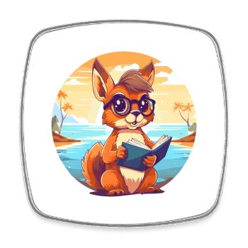 Squirrel Cute Funny Cartoon Kawaii Book Beach - Square fridge magnet - white - Front