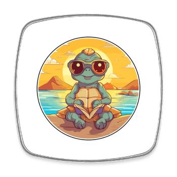 Turtle Cute Funny Cartoon Kawaii Book Beach - Square fridge magnet - white - Front