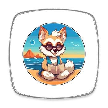 Wolf Cute Funny Cartoon Kawaii Book Beach - Square fridge magnet - white - Front