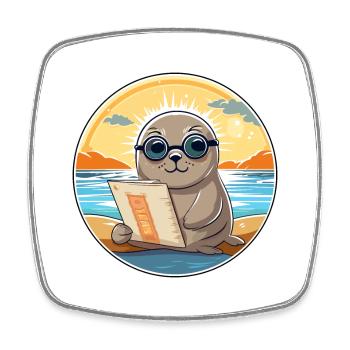 Sceau Mignon Drôle Dessin Animé Kawaii Livre Plage - Magnet carré - blanc - Devant