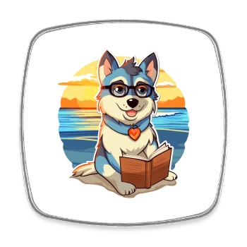 Husky Chien Mignon Drôle Dessin Animé Kawaii Livre Plage - Magnet carré - blanc - Devant