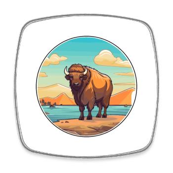 Bison Watercolor Cartoon Kawaii Clipart Animal - Square fridge magnet - white - Front