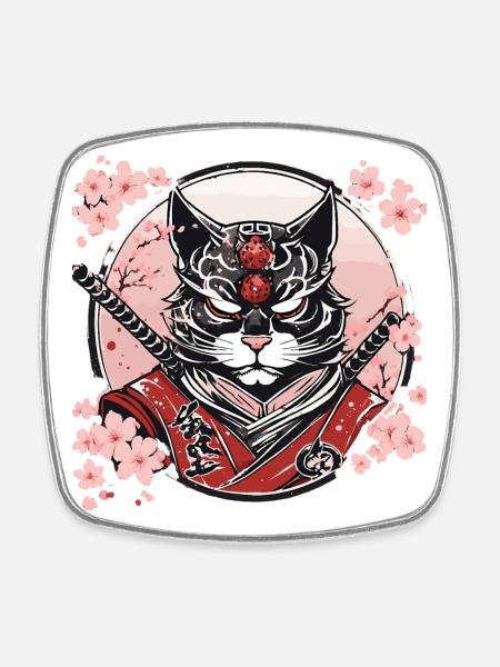 Démoniaque Kawaii Neko Samurai : chat samouraï - Magnet carré - blanc