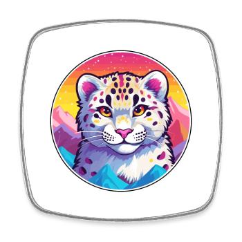 Léopard des neiges chat coloré dessin animé aquarelle illus - Magnet carré - blanc - Devant