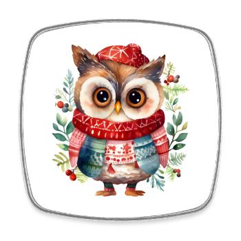 Winter owl with red scarf - Square fridge magnet - white - Front