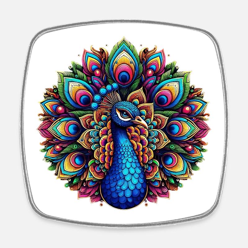Pfau mit Mandalas verziert - Viereckiger Kühlschrankmagnet - Weiß