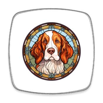French Brittany Dog Breed Stained Glass Colorful W - Square fridge magnet - white - Front
