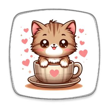 Katze mit Kaffeebecher 2 - Viereckiger Kühlschrankmagnet - Weiß - Vorne