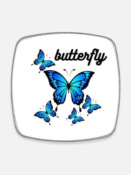 Blue Butterflies on Midnight Black - Square fridge magnet - white