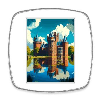 De Haar Castle Netherlands Vintage Travel Poster - Square fridge magnet - white - Front