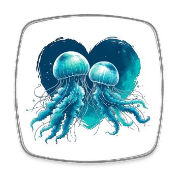 Méduse coeur bleu vert V-Day amour aquarelle - Magnet carré - blanc - Devant