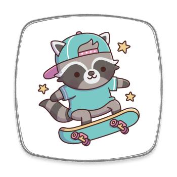 Niedlicher Waschbär mit Hut, der Stunts auf dem Skateboard macht - Viereckiger Kühlschrankmagnet - Weiß - Vorne