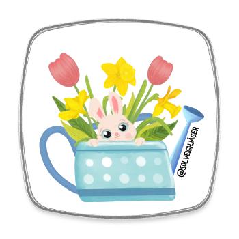 Osterhase in blaue Giesskanne mit Blumen - Viereckiger Kühlschrankmagnet - Weiß - Vorne