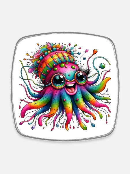 Poulpe, Méduse, Mer, Animaux Colorés, Hippie - Magnet carré - blanc