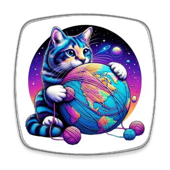 Chat joue avec une pelote de laine planète Terre - Magnet carré - blanc - Devant