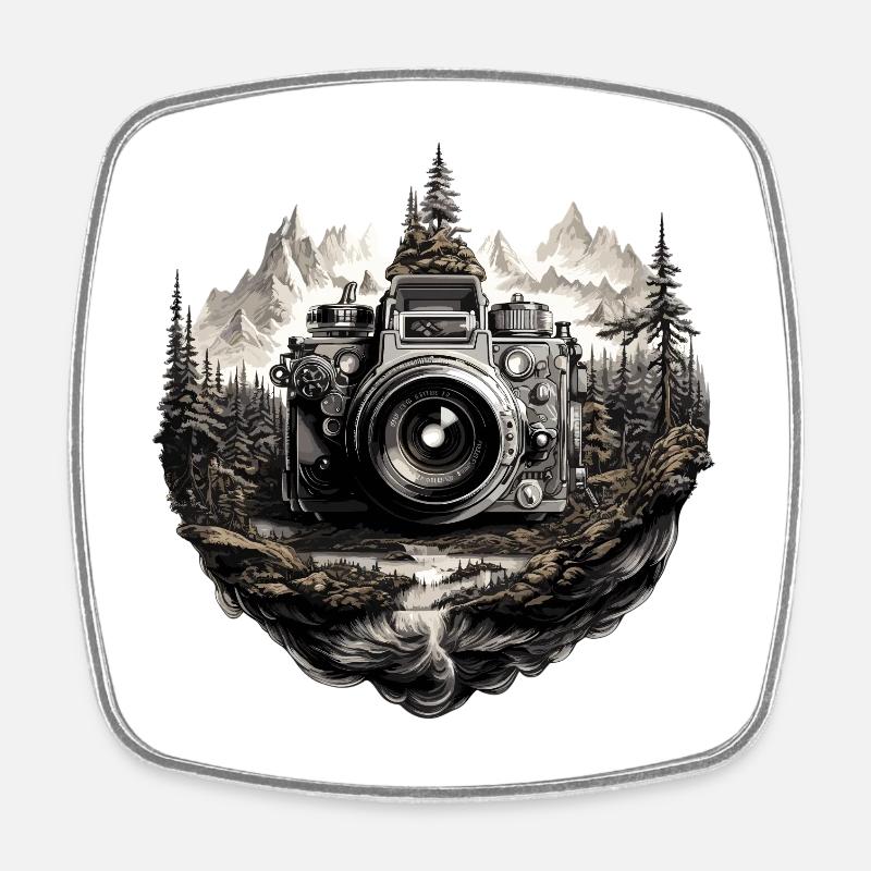 Camera in mountain landscape - Square fridge magnet - white