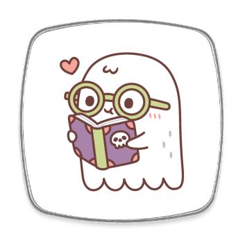 Cute Ghost Reading A Book With A Skull - Square fridge magnet - white - Front