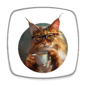 Illustration of Cat with its Coffee Cup - Square fridge magnet - white - Front