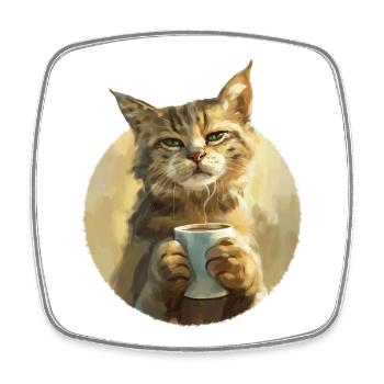 Illustration de Chat avec sa tasse de café - Magnet carré - blanc - Devant