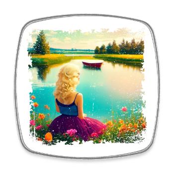 Woman sitting by the lake - vintage look - Square fridge magnet - white - Front