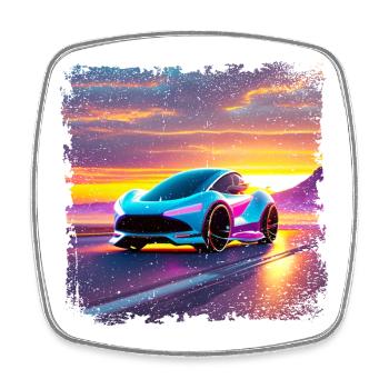 futuristisches Auto in Sonnenuntergangsfarben - Viereckiger Kühlschrankmagnet - Weiß - Vorne
