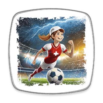 Fussballerin Comicfigur Stadion mit Blitzen - Viereckiger Kühlschrankmagnet - Weiß - Vorne