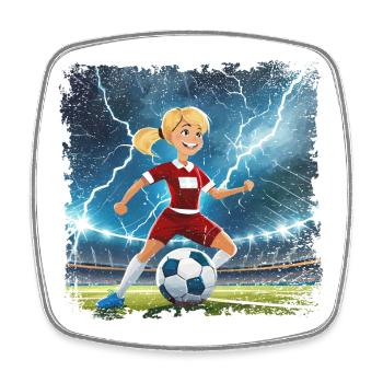 Fussballerin Comicfigur Stadion mit Blitzen - Viereckiger Kühlschrankmagnet - Weiß - Vorne