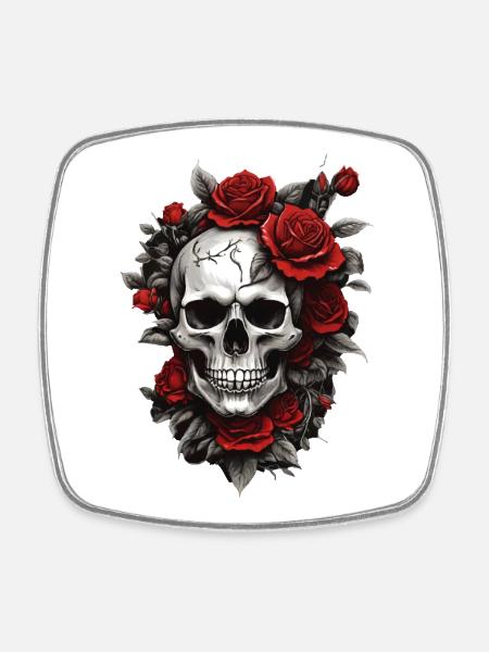 Crâne avec des roses rouges - Magnet carré - blanc