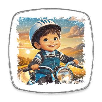 Kleiner Junge auf altem Motorrad - Viereckiger Kühlschrankmagnet - Weiß - Vorne