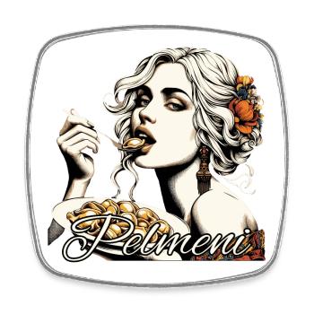 Pelmeni beautiful blonde woman eats gift - Square fridge magnet - white - Front