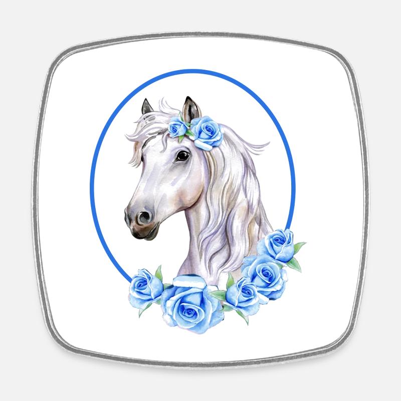 Cheval Blanc Romantique - Roses Bleu Clair - Magnet carré - blanc