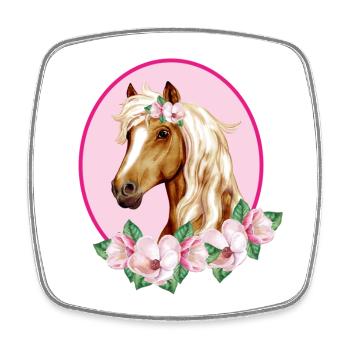 Cheval brun romantique - Fleurs roses - Magnet carré - blanc - Devant